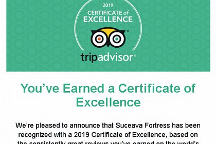 Certificat de excelenţă, acordat Cetăţii de Scaun a Sucevei de către TRIPADVISOR, pentru al doilea an consecutiv