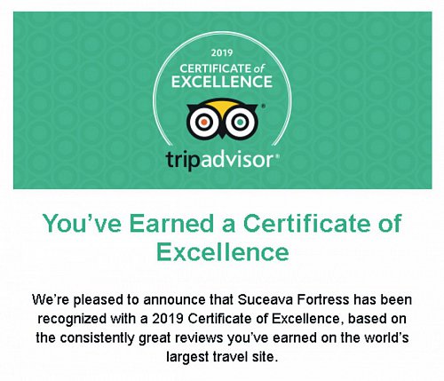 Certificat de excelenţă, acordat Cetăţii de Scaun a Sucevei de către TRIPADVISOR, pentru al doilea an consecutiv