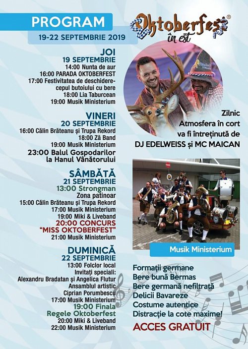 Festivalul Berii – Oktoberfest in Est  2019 - Programul manifestarilor