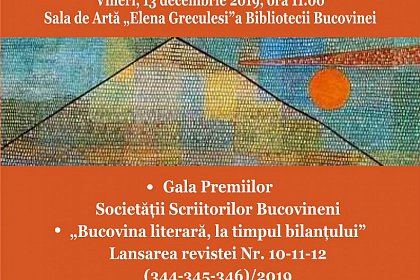 Gala Premiilor Societății Scriitorilor Bucovineni, vineri, la Biblioteca „I.G. Sbiera” din Suceava