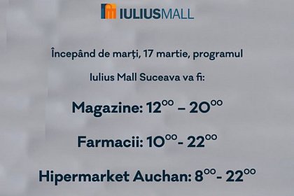 Coronavirus - Program redus la Iulius Mall Suceava, la pachet cu ample măsuri de dezinfecție