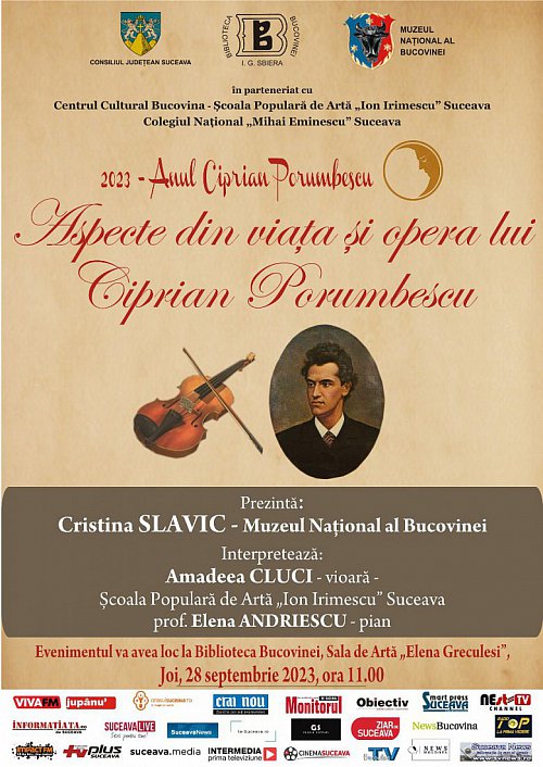 „Aspecte din viața și opera lui Ciprian Porumbescu” - joi, 28 septembrie, de la ora 11.00, la Biblioteca Bucovinei