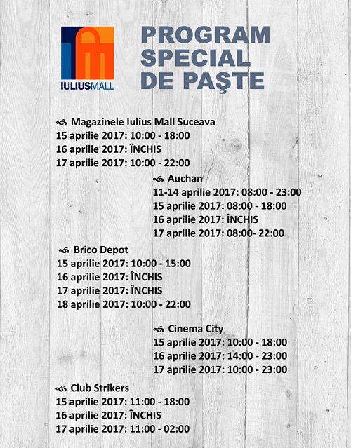 Programul de Pasti la Iulius Mall Suceava - magazine si cafenele deschise de luni