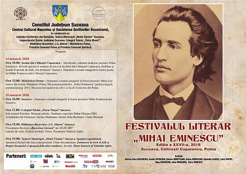 Festivalului literar “Mihai Eminescu”, duminică și luni, la Suceava