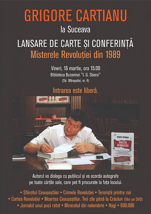 Grigore Cartianu își va lansa cărțile la Suceava, unde va vorbi despre “Crimele Revoluției Române”