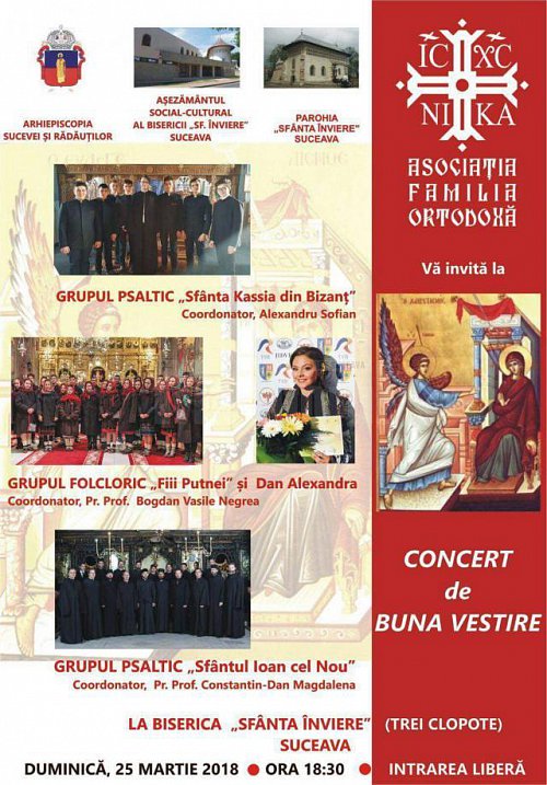 Concert de Buna Vestire, la Biserica ”Sf. Înviere” Suceava